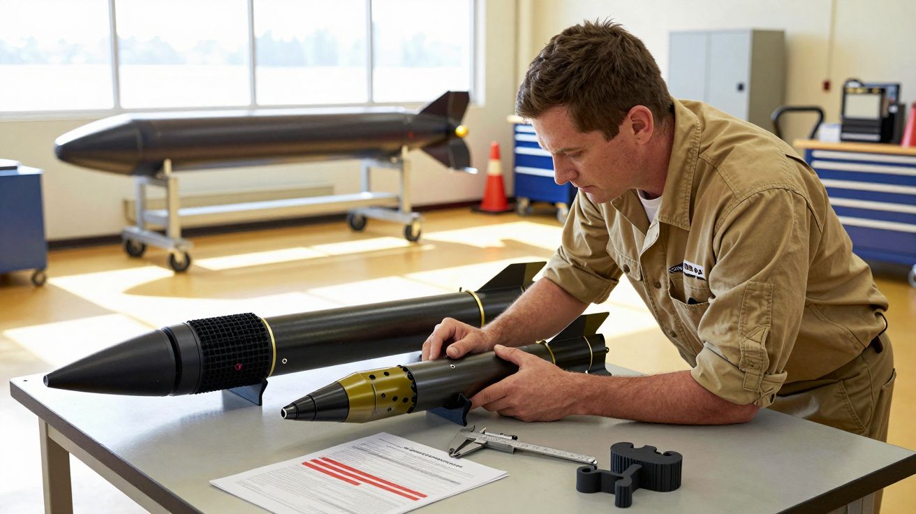 Un bărbat în halat de lucru asamblează un proiectil mic pe o masă, fundal cu un proiectil mai mare pe suport.