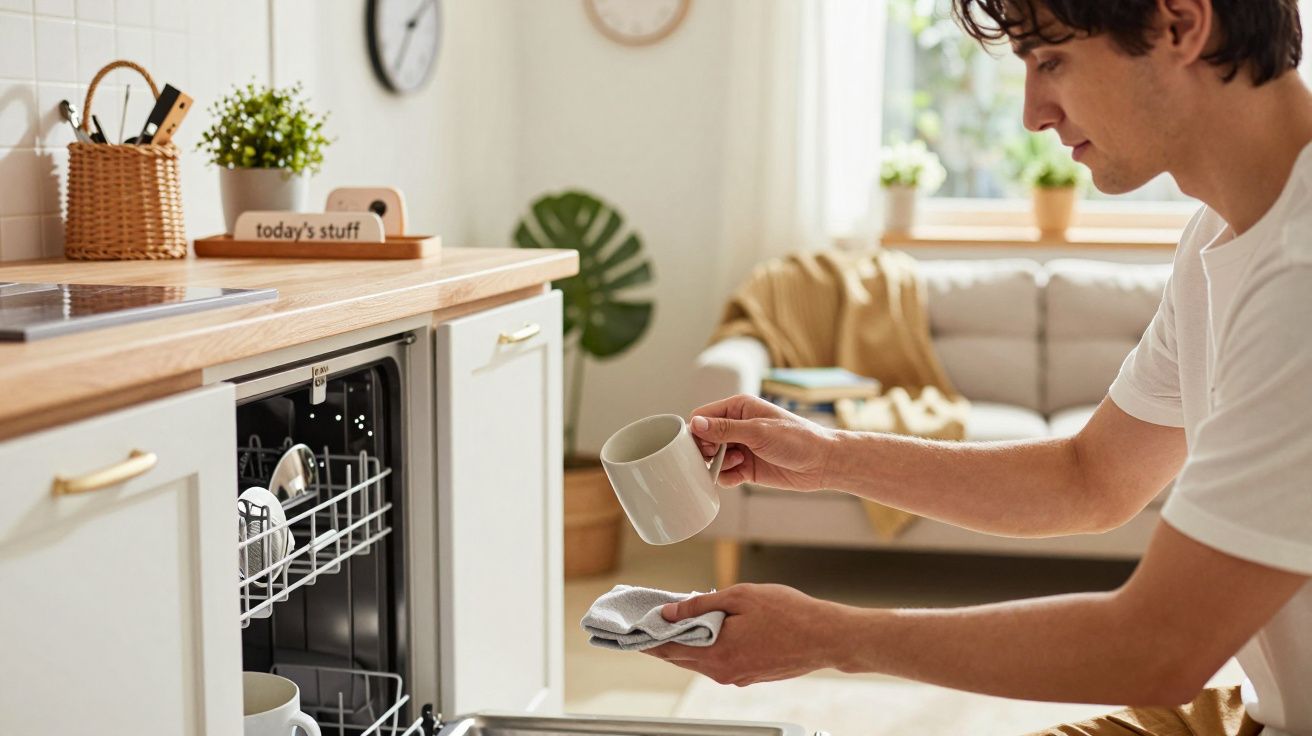 Bărbat scoate o cană curată din mașina de spălat vase, într-o bucătărie luminoasă și ordonată.
