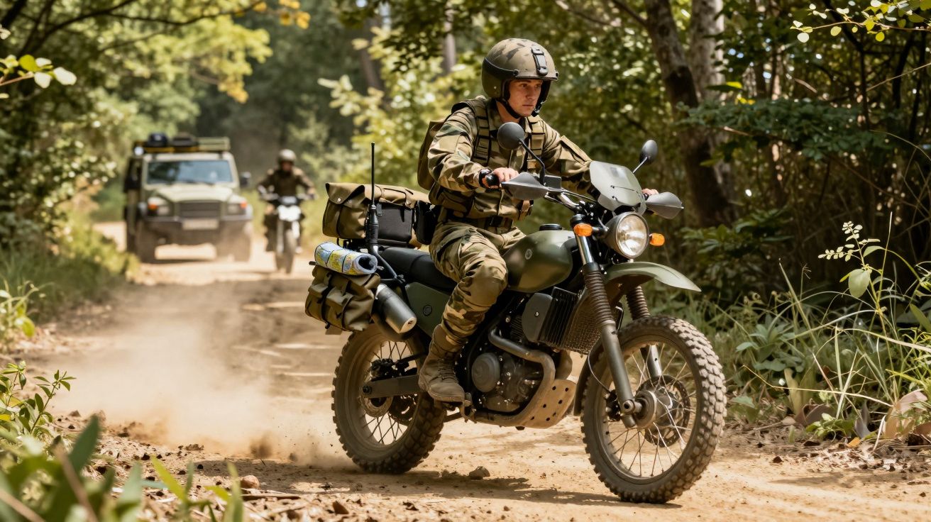 Soldat pe motocicletă militară pe drum de pământ, urmat de vehicule de teren prin pădure tropicală.