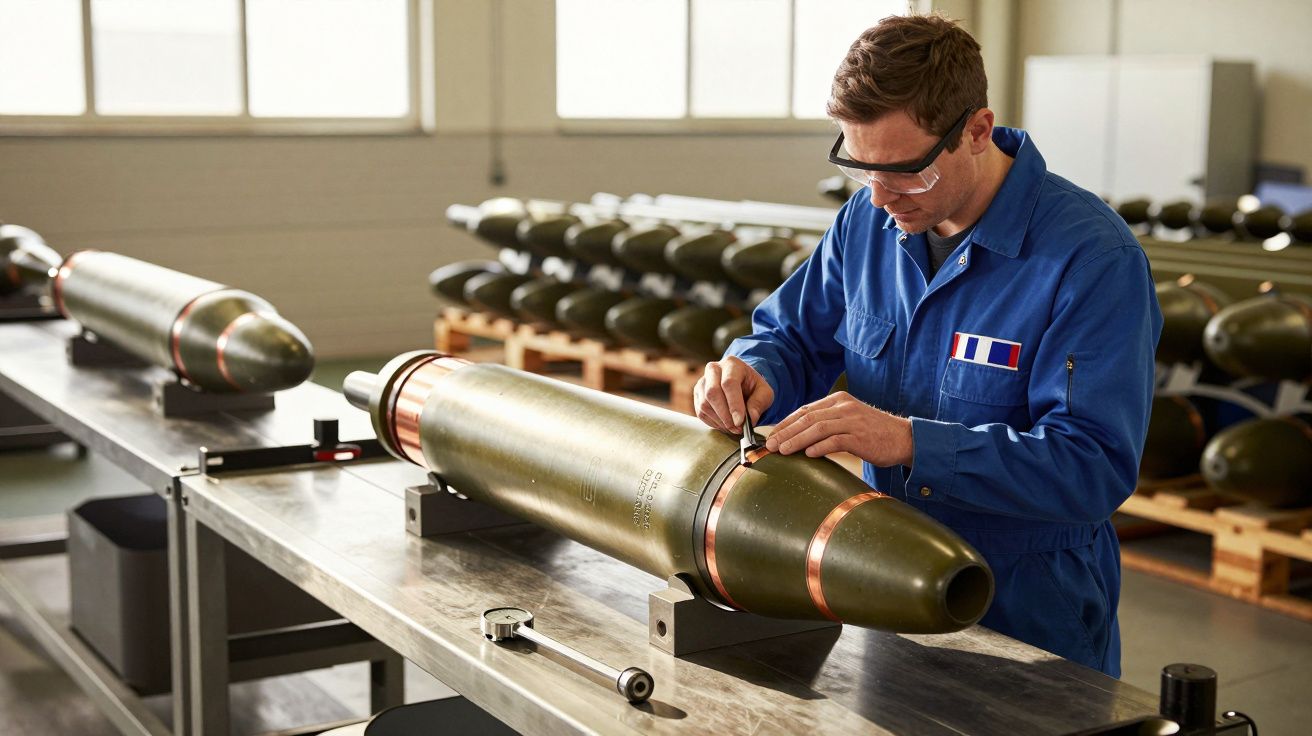 Bărbat în salopetă albastră asamblând componente mari într-un atelier industrial.