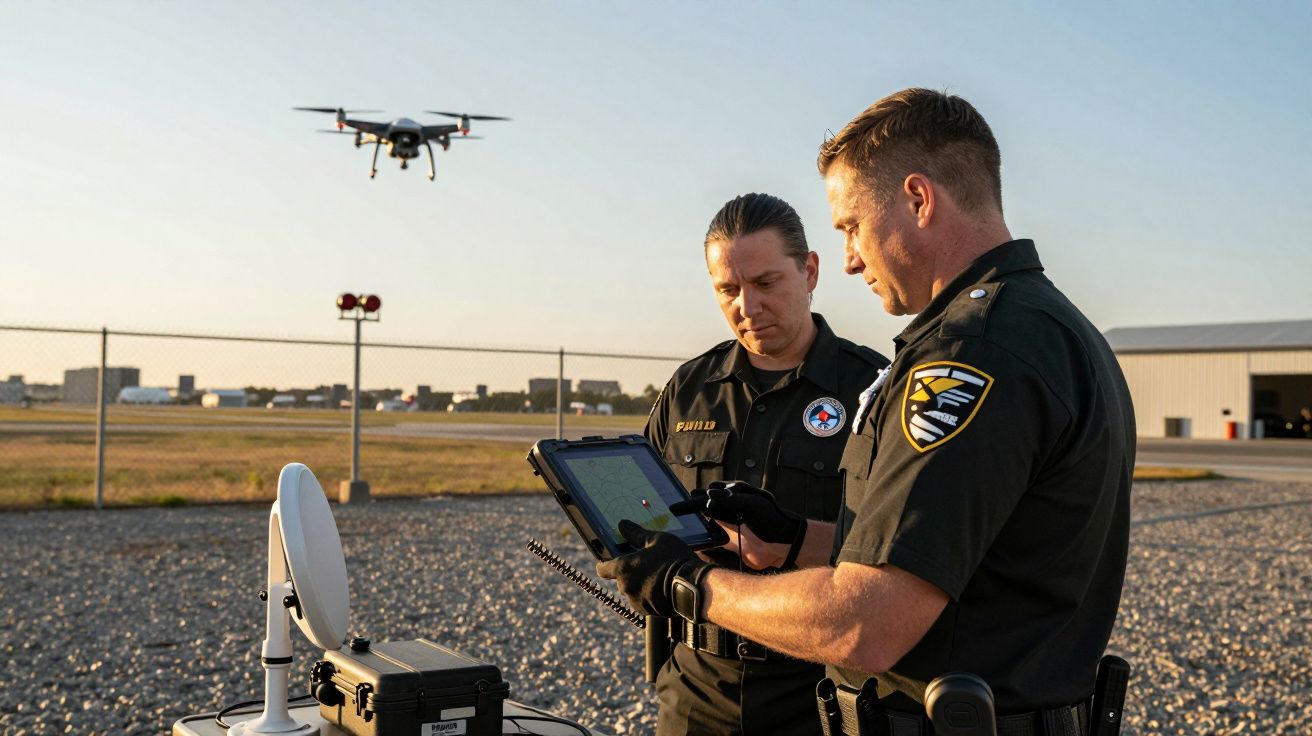 Ofițeri de poliție operând un drone cu o tabletă pe un câmp deschis, în apropierea unui hangar.