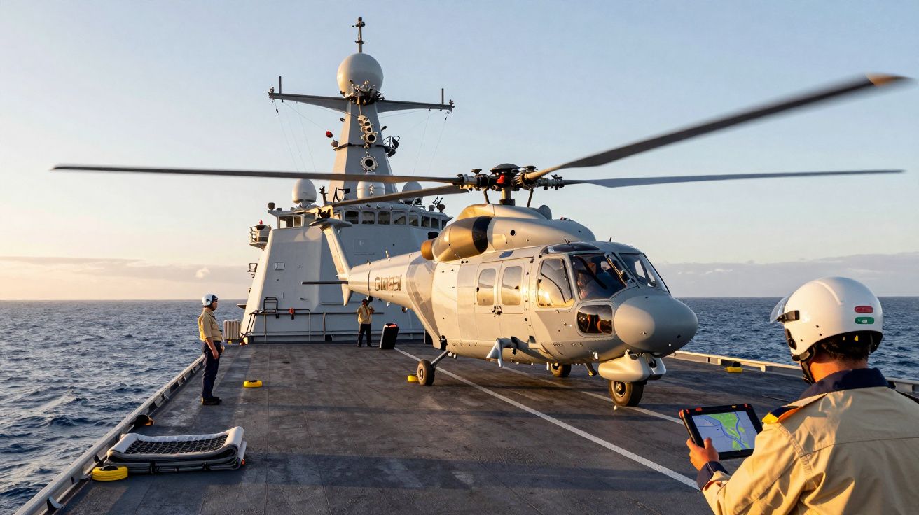 Elicopter militar pe o navă, cu personal la bordul punții, pe mare sub cer senin.