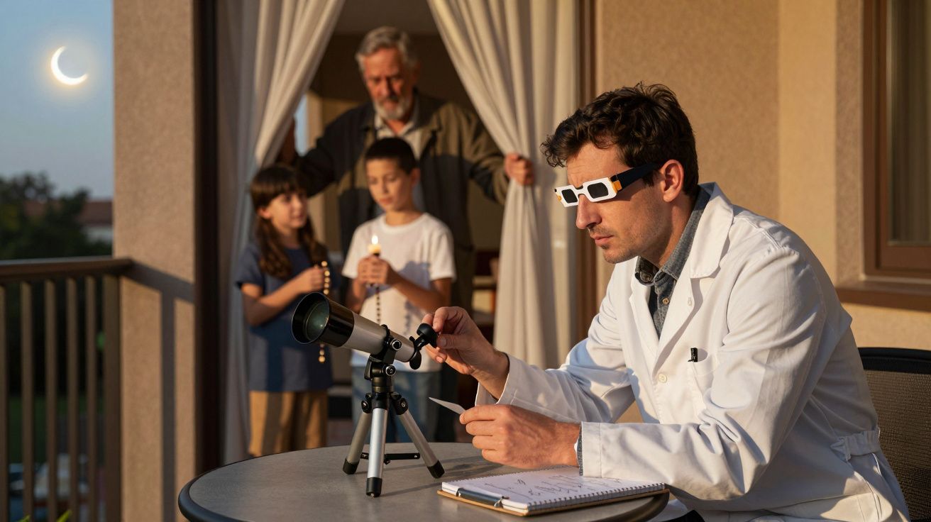 Bărbat cu ochelari speciali ajustează un telescop pe o terasă, în timp ce copiii privesc o eclipsă parțială de soare.