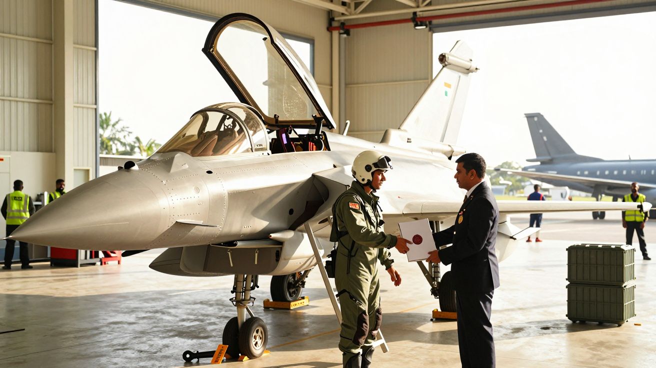 Pilot primind un certificat lângă un avion de luptă în hangar, cu alți oameni observați în fundal.