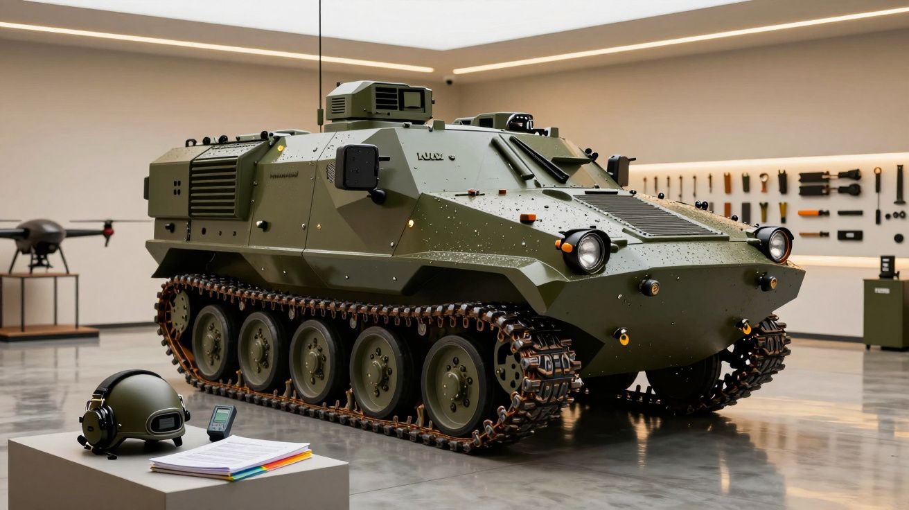 Vehicul blindat pe șenile expus într-o sală modernă, cu echipament militar și căști pe o masă alăturată.