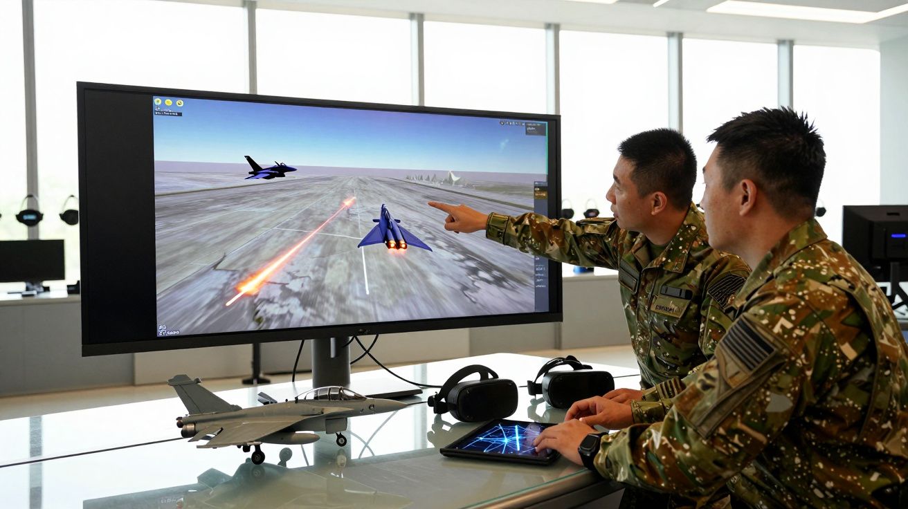 Doi bărbați în uniformă militară privesc la un simulator de zbor pe un ecran mare, discutând tactici aeriene.