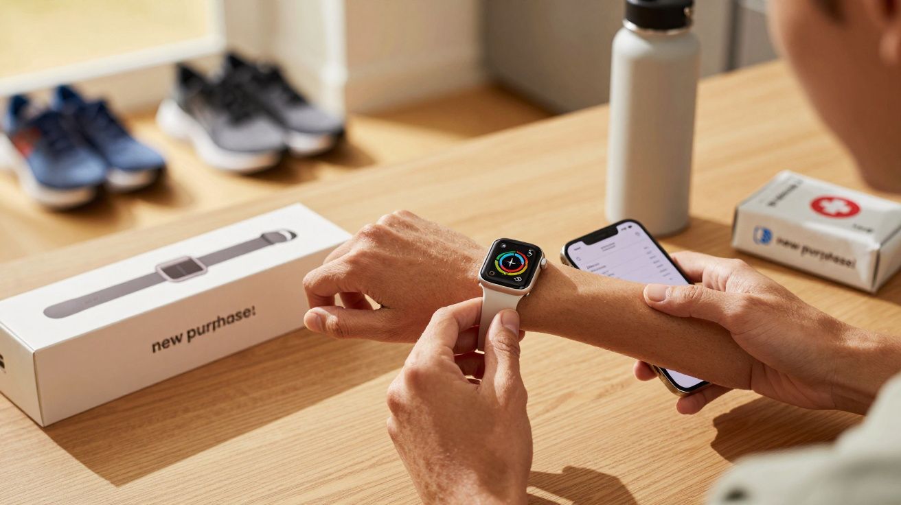 Persoană verificând un ceas inteligent pe încheietură, lângă cutie și telefon mobil pe masă din lemn.