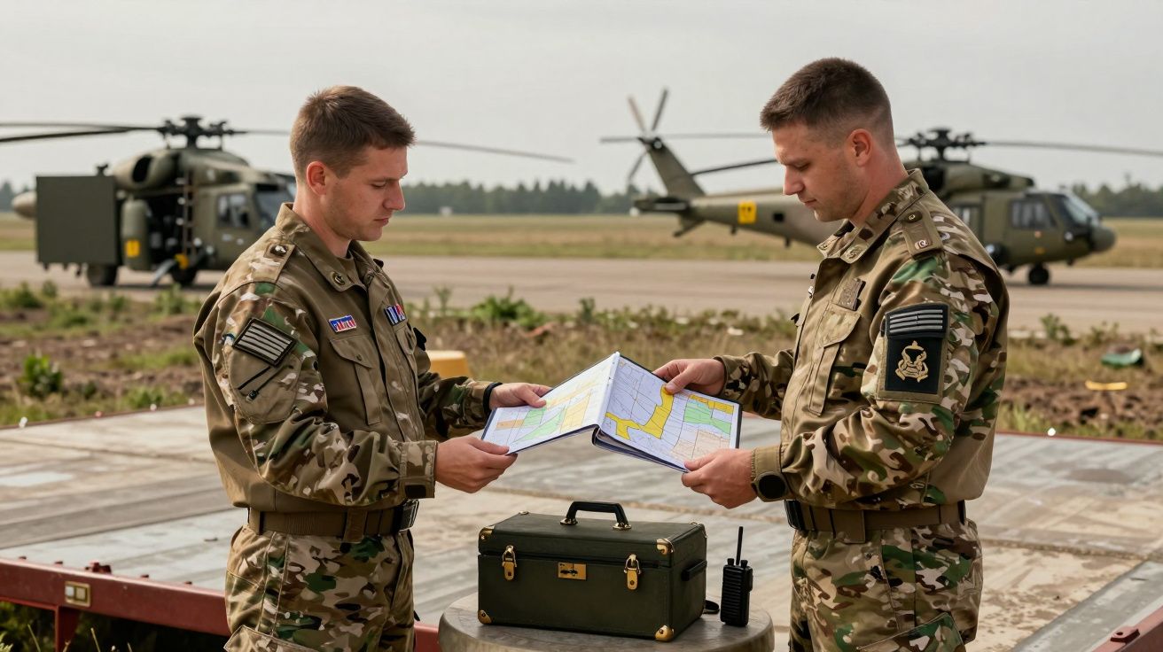 Doi soldați în uniforme tactice discută harta, cu elicoptere militare în fundal, pe un teren deschis.