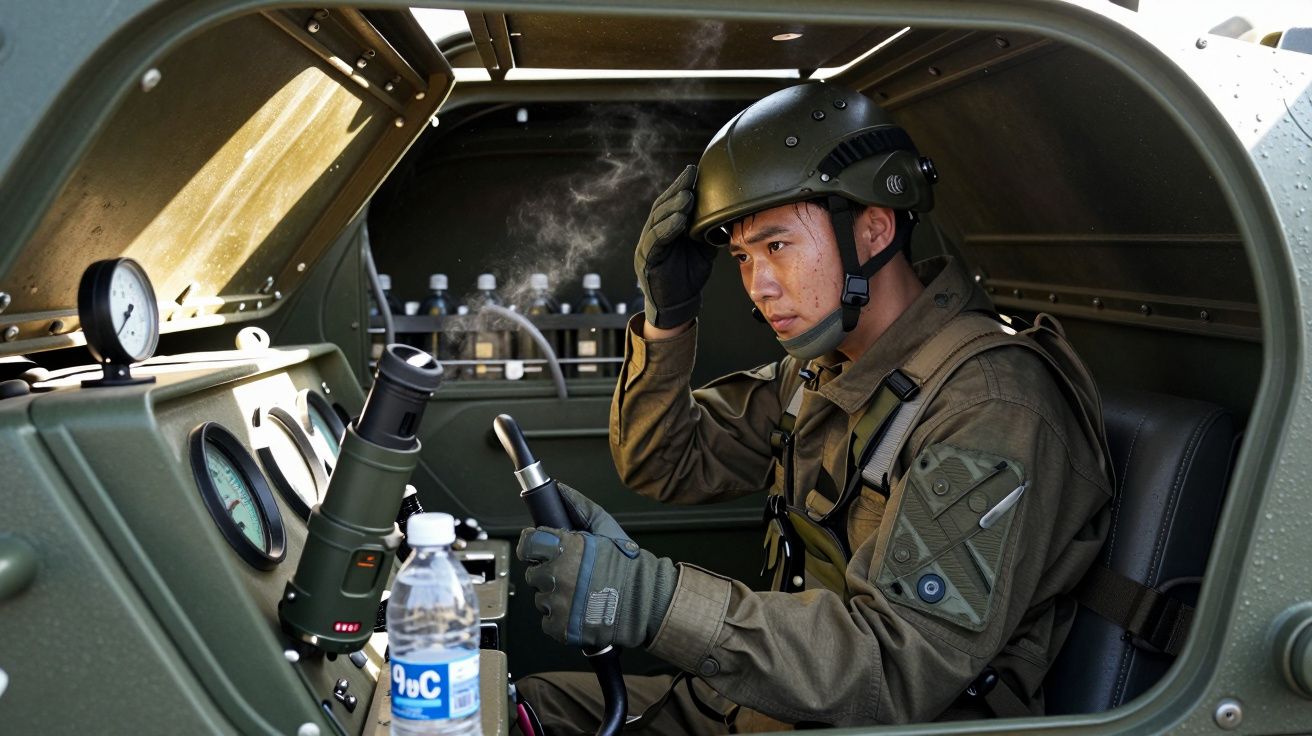 Soldat în uniformă verde operând un vehicul militar blindat, cu o sticlă de apă pe bord.