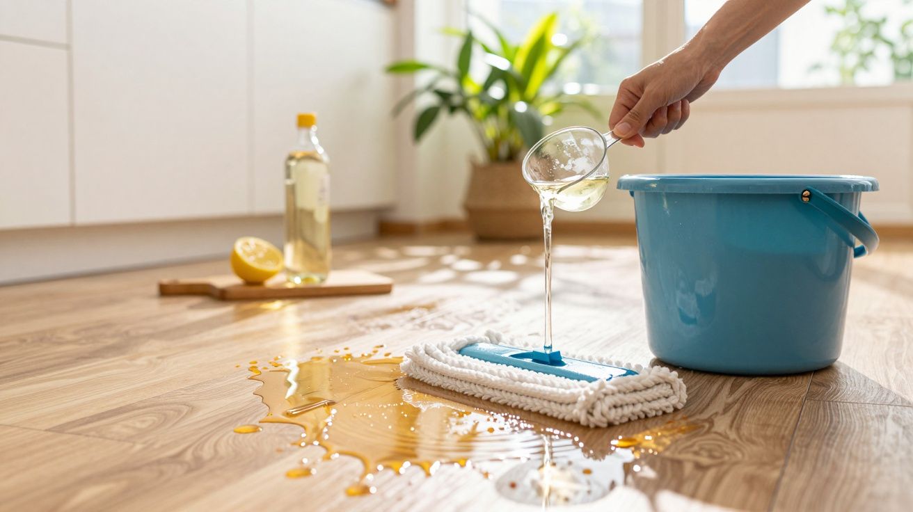 Persoană curăță lichid vărsat pe podea din lemn, lângă o găleată albastră și un burete, cu plante și un teanc de lemne în fun