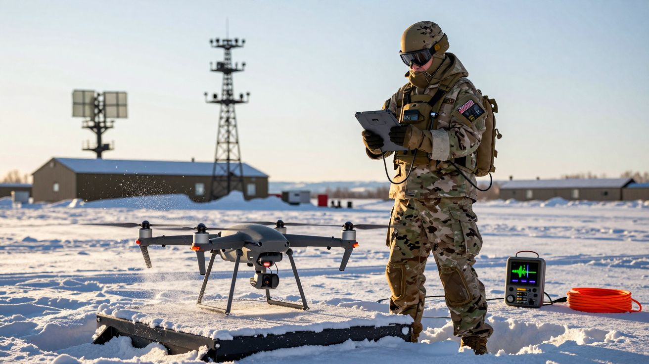 Soldat în echipament de camuflaj operează o dronă pe zăpadă, lângă un echipament electronic și un turn de comunicații.