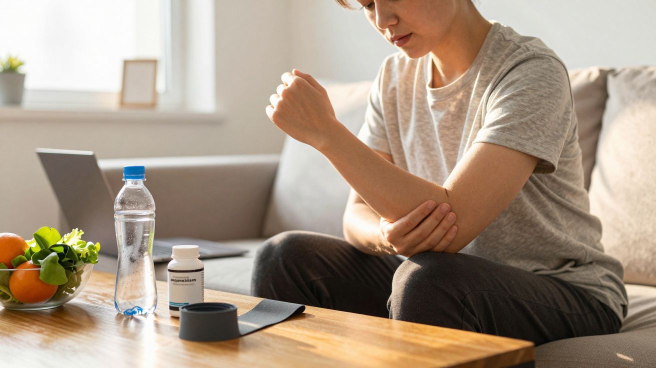 Persoană așezată, ținându-se de cot, cu fructe, apă și medicamente pe masă.