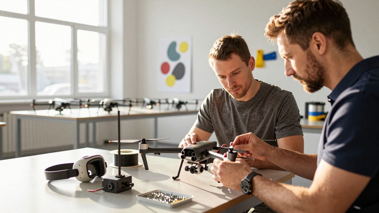 Doi bărbați lucrează la un drone pe o masă într-un atelier, înconjurați de componente electronice.