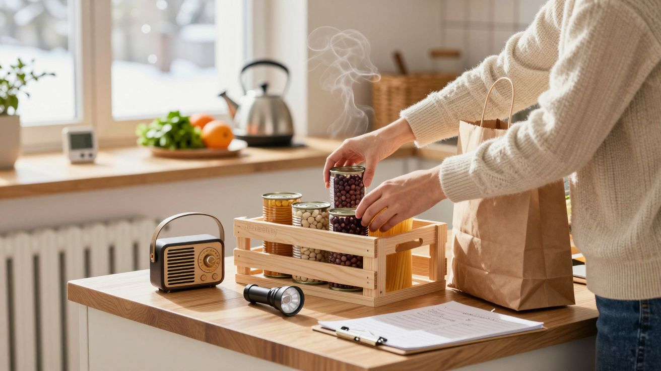 Persoană aranjează conserve în lădiță pe masa din bucătărie, lângă lanternă, radio și hârtie de ambalat.