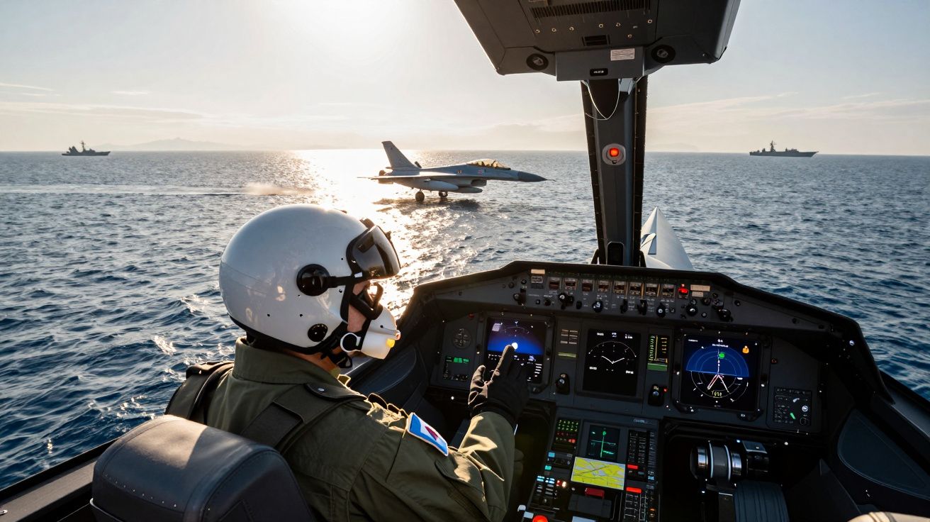 Pilot militar controlează un avion de luptă deasupra mării, cu nave pe fundal, sub soare strălucitor.