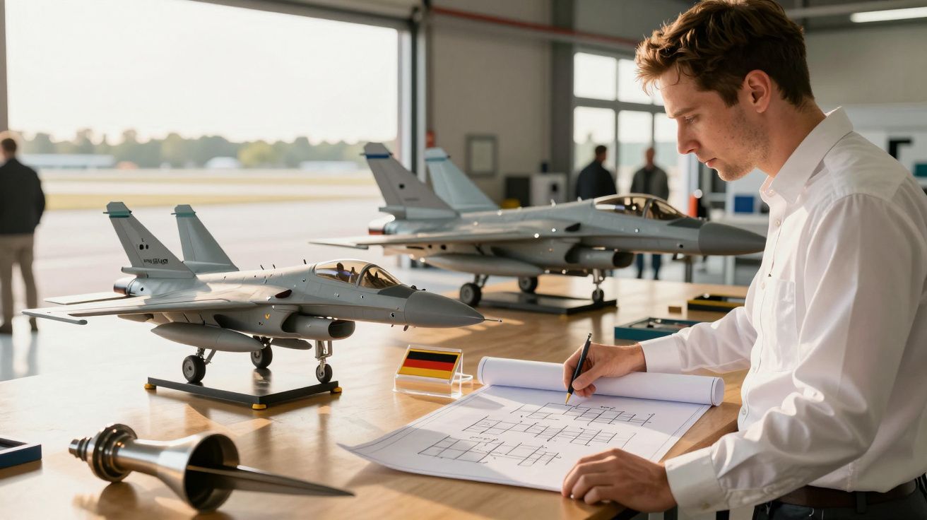 Bărbat analizând planuri lângă modele de avioane de luptă în miniatură într-un hangar de aviație.