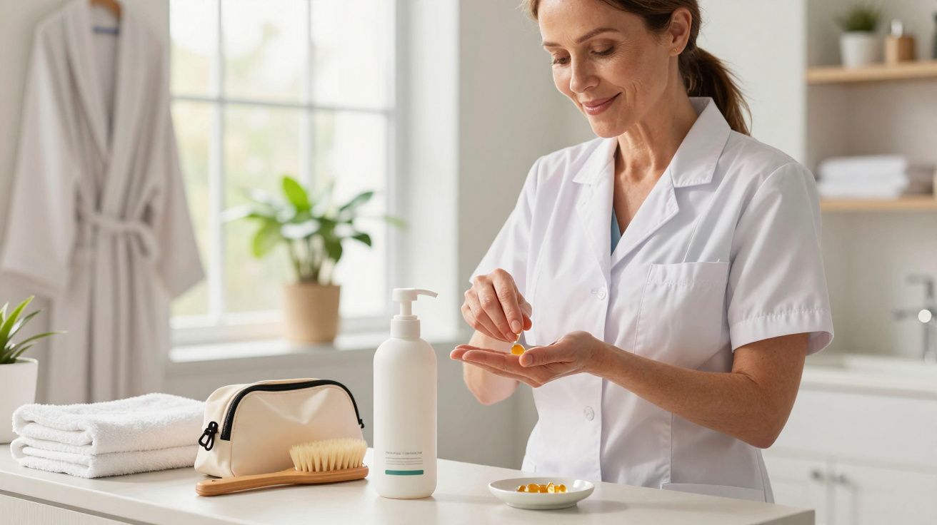 Femeie în uniformă albă aranjând suplimente pe mână, într-o baie luminoasă cu produse de îngrijire pe tejghea.