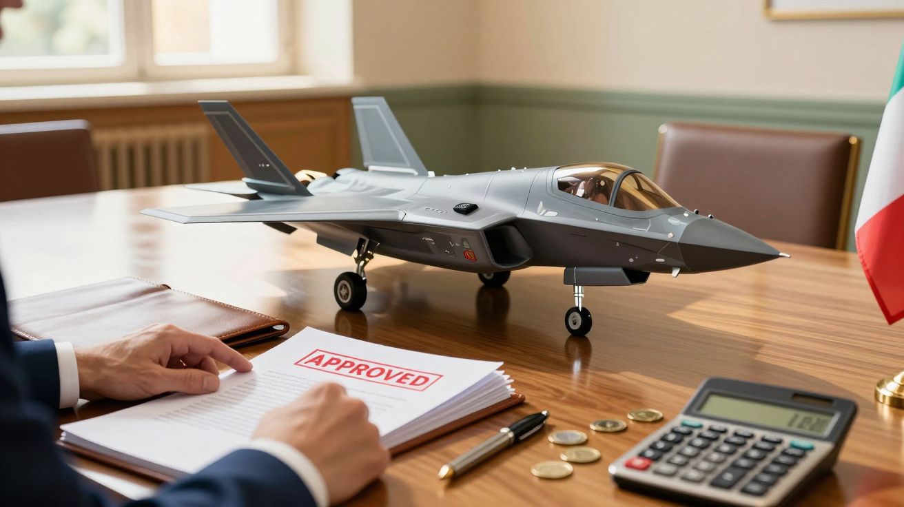 Model de avion pe birou, document aprobat, mână, monede, calculator și steag în fundal.