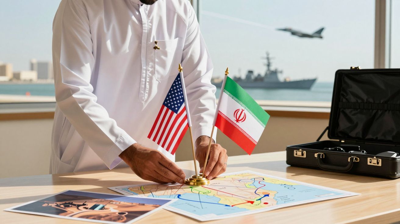 Bărbat în alb aranjează stegulețe ale SUA și Iranului pe hartă; fundal cu avion și navă de război.