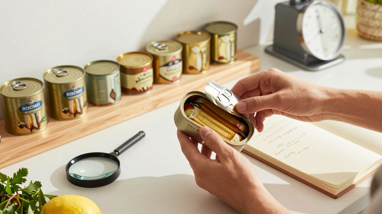 Mâini deschizând o conservă de pește lângă un bloc-notes, lupă și alte conserve pe fundal.