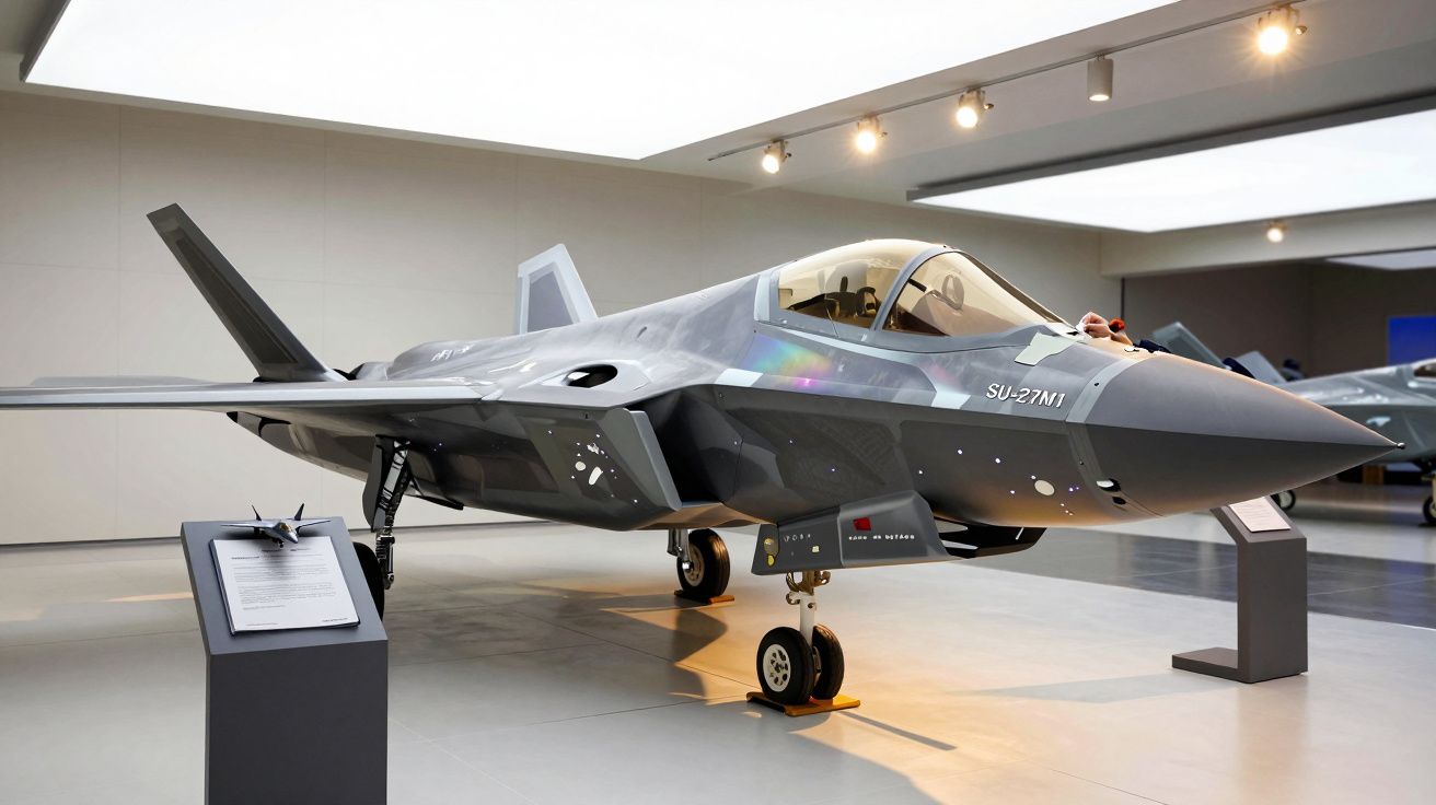 Avion de luptă expus într-un muzeu, prezentat într-un cadru modern, cu iluminare de sus.