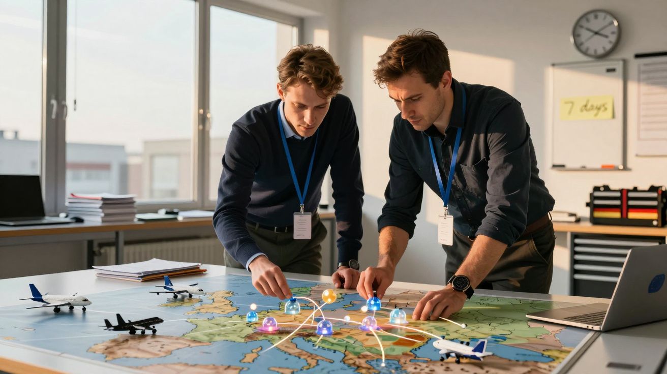 Doi bărbați planificând trasee aeriene pe o hartă mare într-un birou cu avioane la scară mică și laptop.
