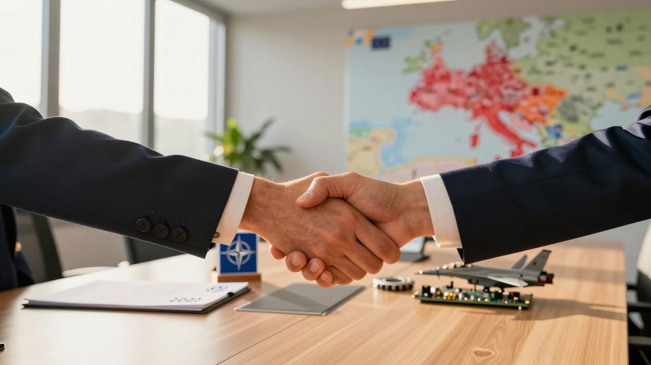 Două persoane dând mâna într-un birou cu hartă și machetă de avion pe fundal.
