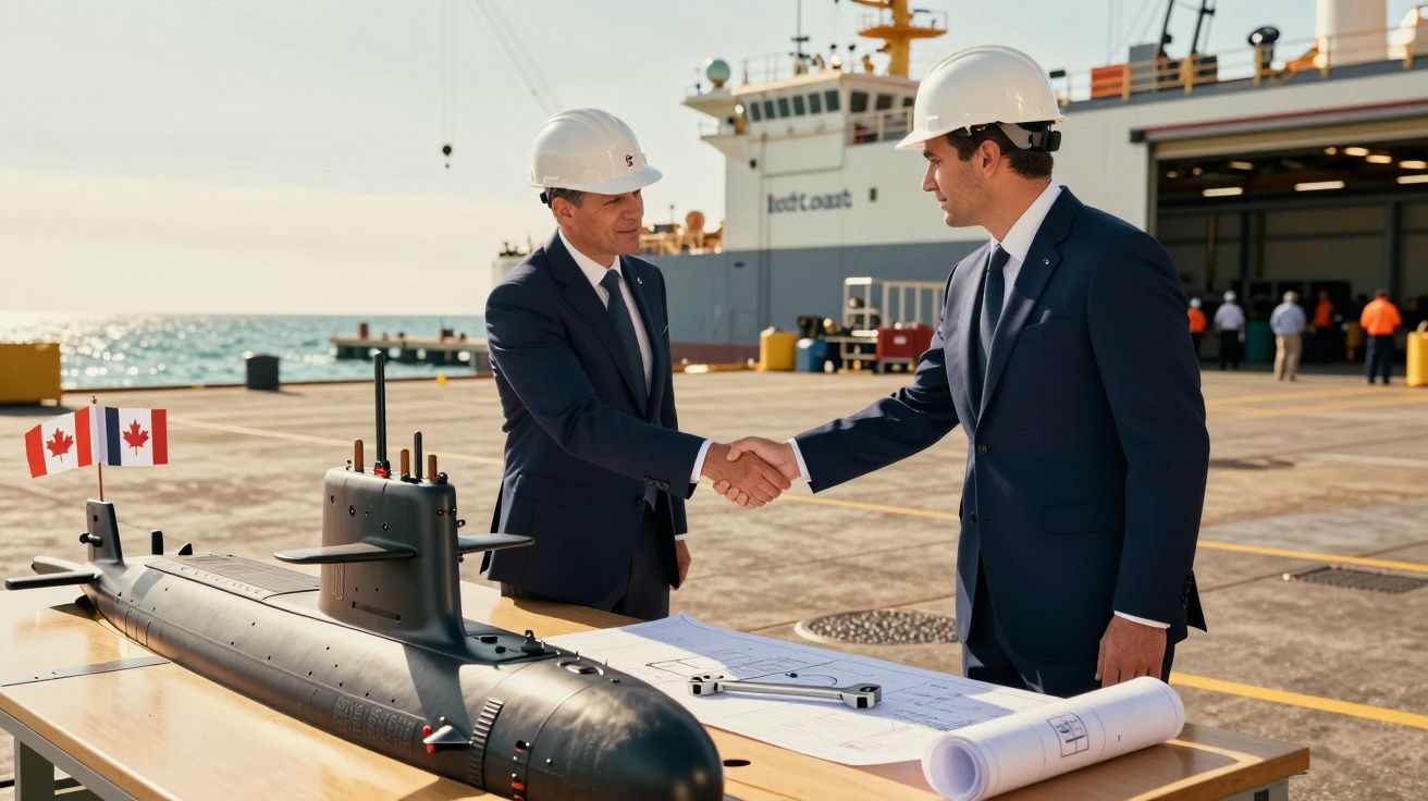 Doi bărbați în costume și căști albe dau mâna lângă un submarin model pe un doc, pe fundal fiind un vas mare.