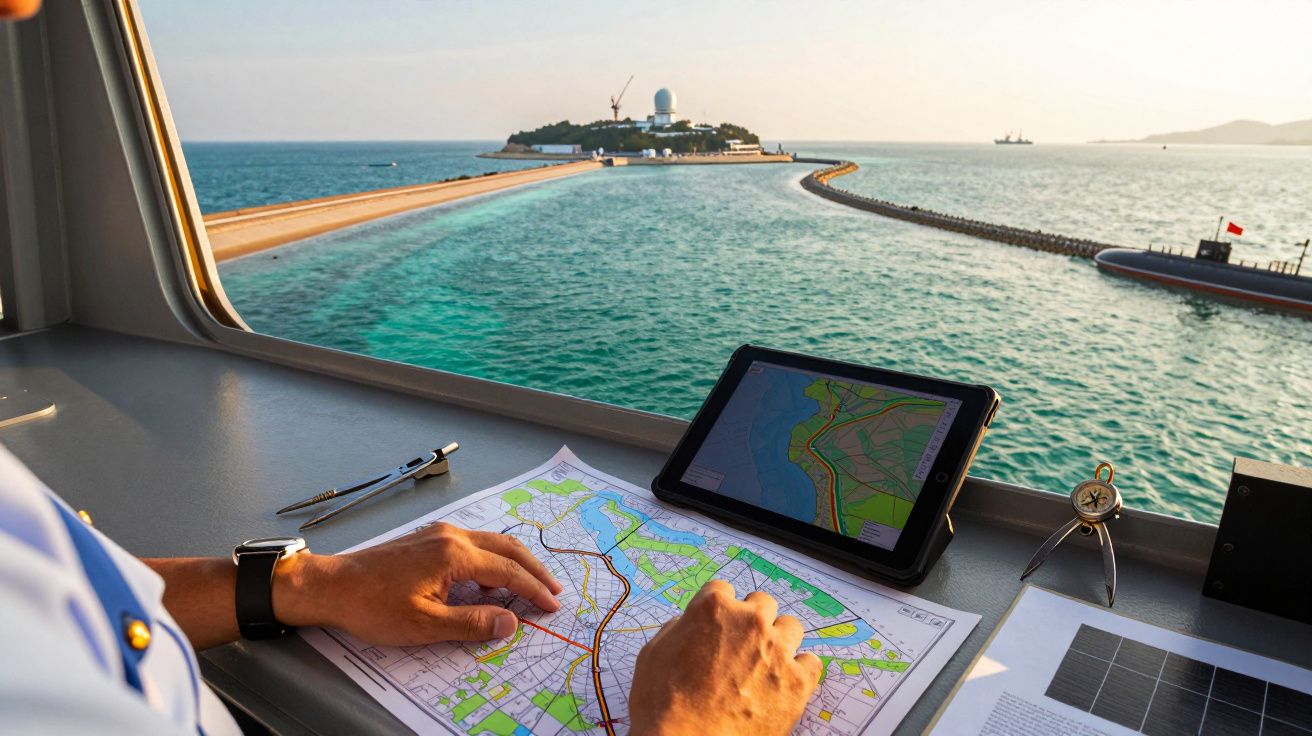 Persoană navigând cu hartă și tabletă într-o cabină, privind spre insula din larg, cu un submarin în dreapta.