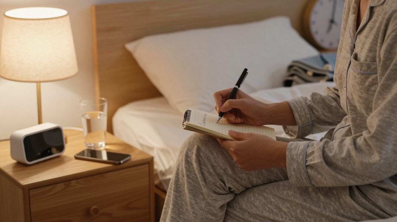 Persoană în pijamale scrie într-un caiet, așezată pe un pat lângă o noptieră cu lampă, ceas și pahar cu apă.