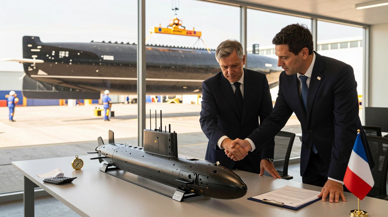 Două persoane dau mâna lângă un model de submarin, cu un submarin real pe fundal, într-o clădire modernă.