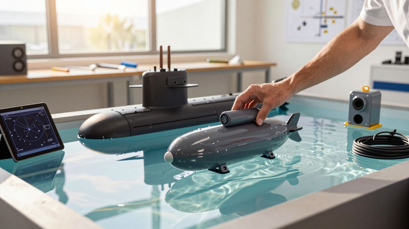 Mâna unui om dirijează un model de submarin în apă, lângă un alt model de submarin și un tableta pe masă.