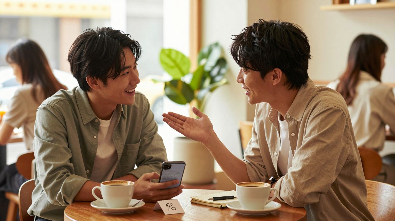 Două persoane zâmbesc și discută la o masă într-o cafenea, fiecare având câte un cappuccino în față.