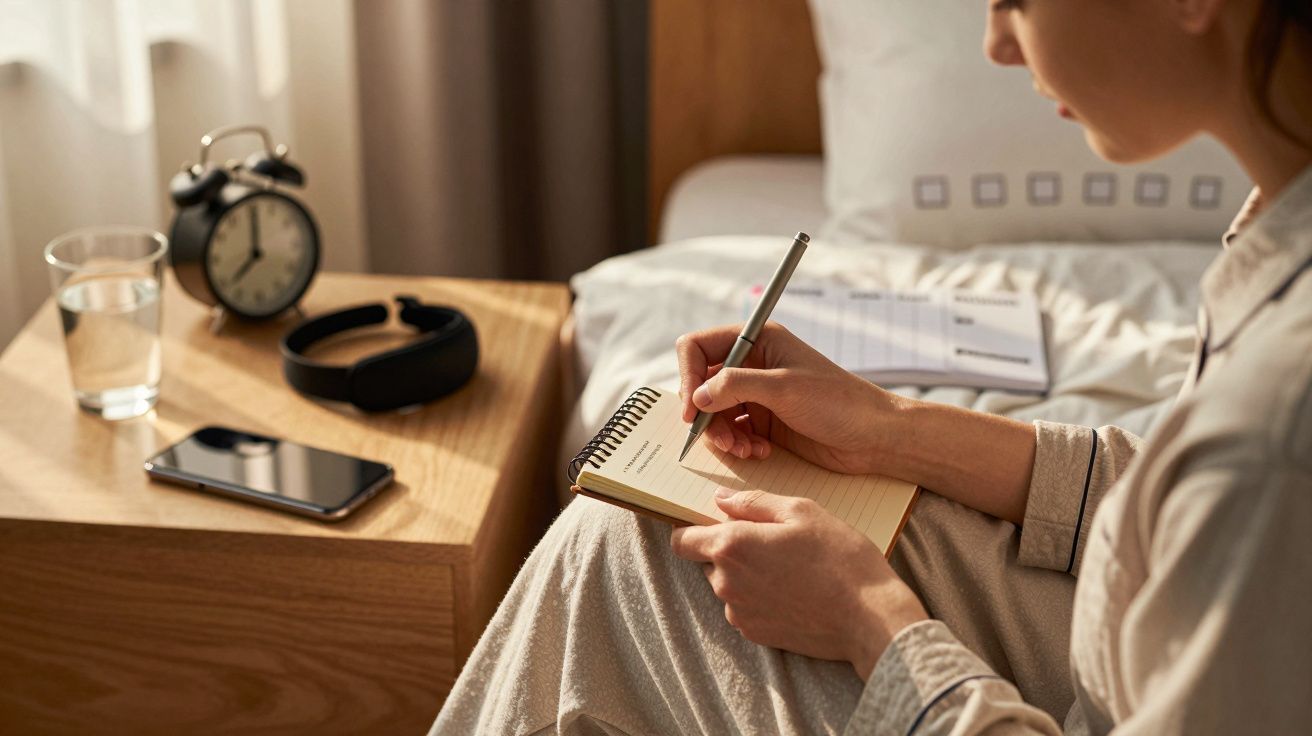 Femeie în pijamale scrie în jurnal pe pat, cu un ceas, telefon și pahar cu apă pe noptieră.
