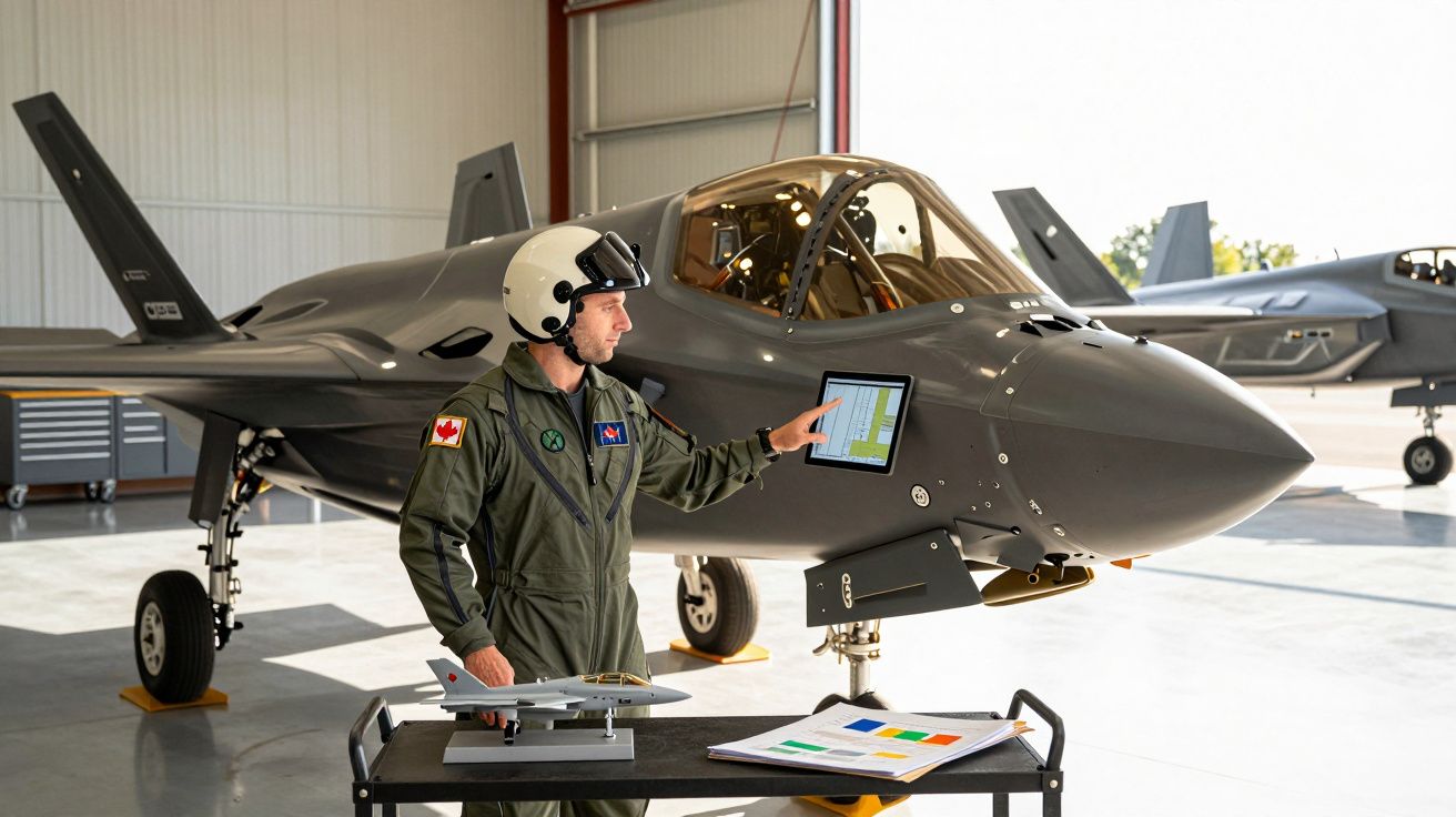 Pilot în uniformă explicând lângă un avion de luptă modern într-un hangar, arătând spre un ecran digital.