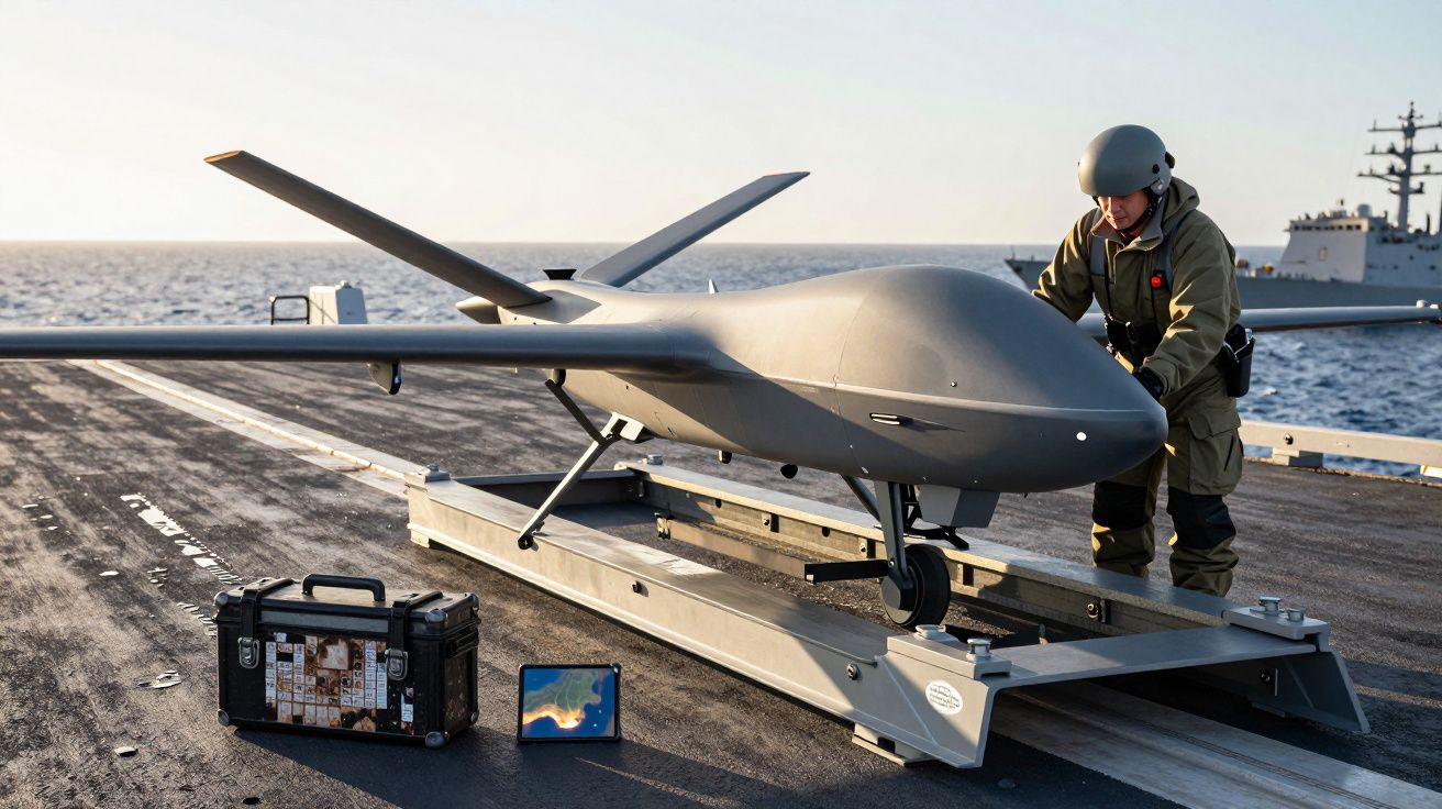 Dronă militară pe un portavion, cu un soldat ce efectuează ajustări; în fundal se vede un vas de război.