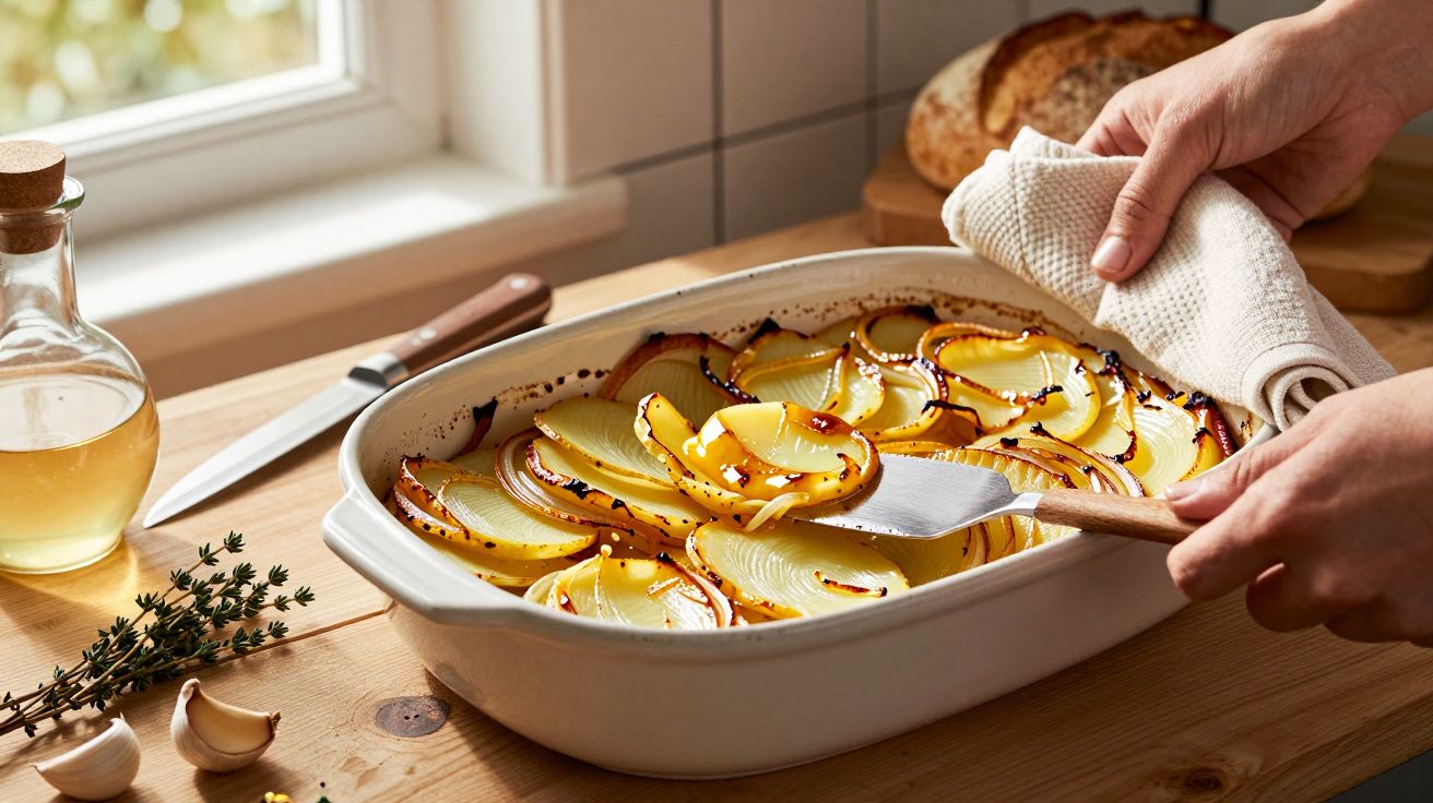 Mâini pregătind un gratin de cartofi și ceapă într-o tavă de ceramică pe o masă de lemn.