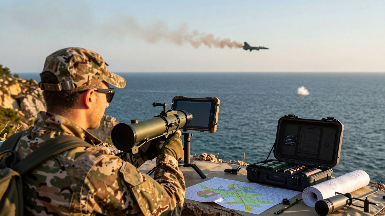 Militar, cu echipament de camuflaj, operează un dispozitiv electronic lângă o mare, urmărește un avion în zbor.