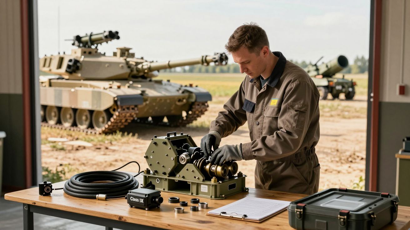 Tehnician în uniformă lucrând la un echipament mecanic, cu tancuri militare în fundal, într-un hangar.