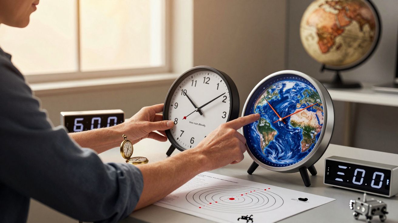 Persoană ajustând ceasuri analogice pe o masă, unul cu hartă geografică pe cadran, lângă un glob și dispozitive digitale.