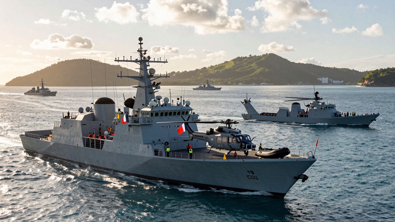 Nave militare navigând pe mare cu insule în fundal sub cer senin și nori pufoși.