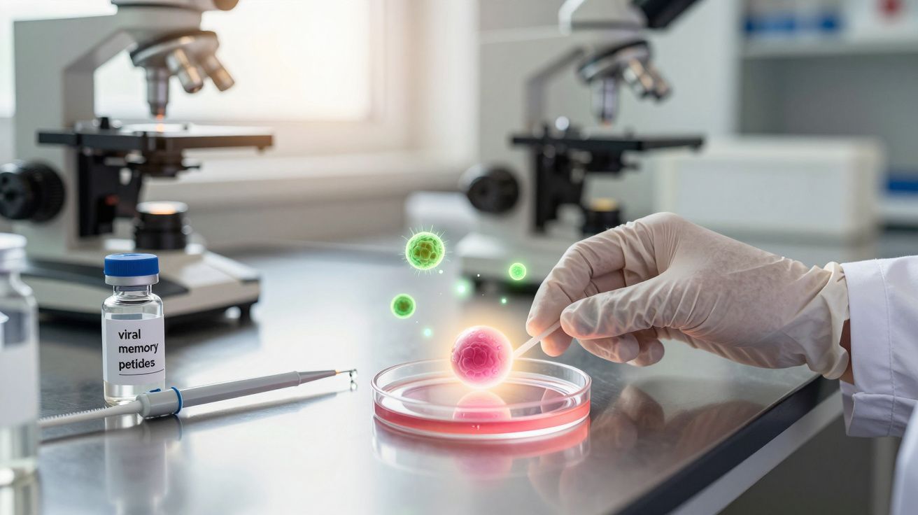 Mâna unui cercetător manipulează un eșantion în laborator, cu microscoape și echipament de cercetare în fundal.