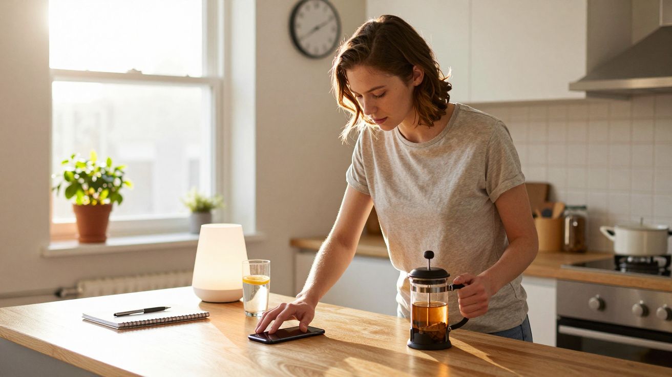 Femeie folosind telefonul în bucătărie, lângă o cană cu ceai și o lampă. În fundal, o fereastră și un ceas.