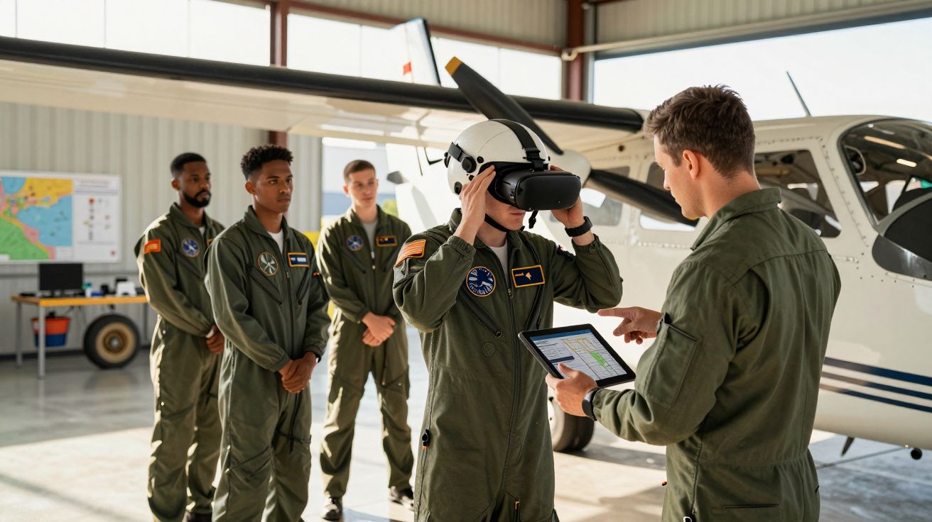 Instructor aeronautic explicând un exercițiu cu realitate virtuală unui cursant, în fața unui avion de mici dimensiuni.
