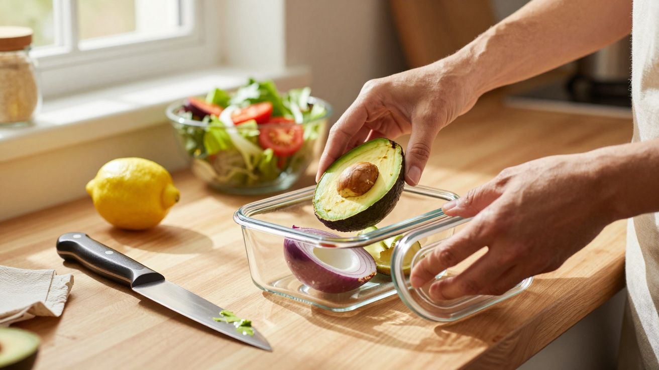 Persoană pune un avocado tăiat în caserolă pe un blat de lemn, lângă un cuțit, lămâie și bol cu salată.