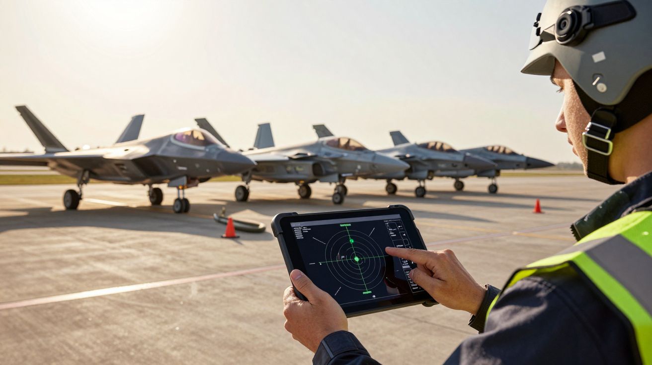 Persoană în echipament de protecție operând un radar pe tabletă, cu avioane militare pe fundal.