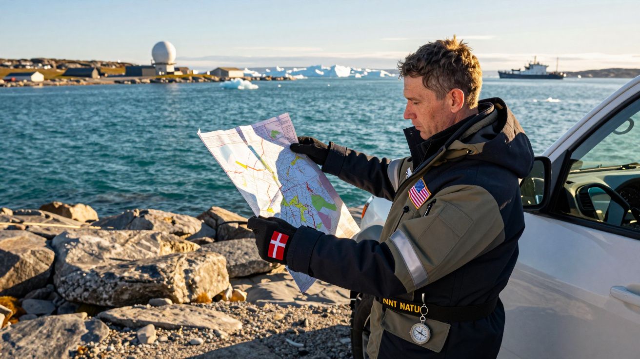 Bărbat în haină de iarnă studiază o hartă lângă un râu înghețat, cu nave și clădiri în depărtare.