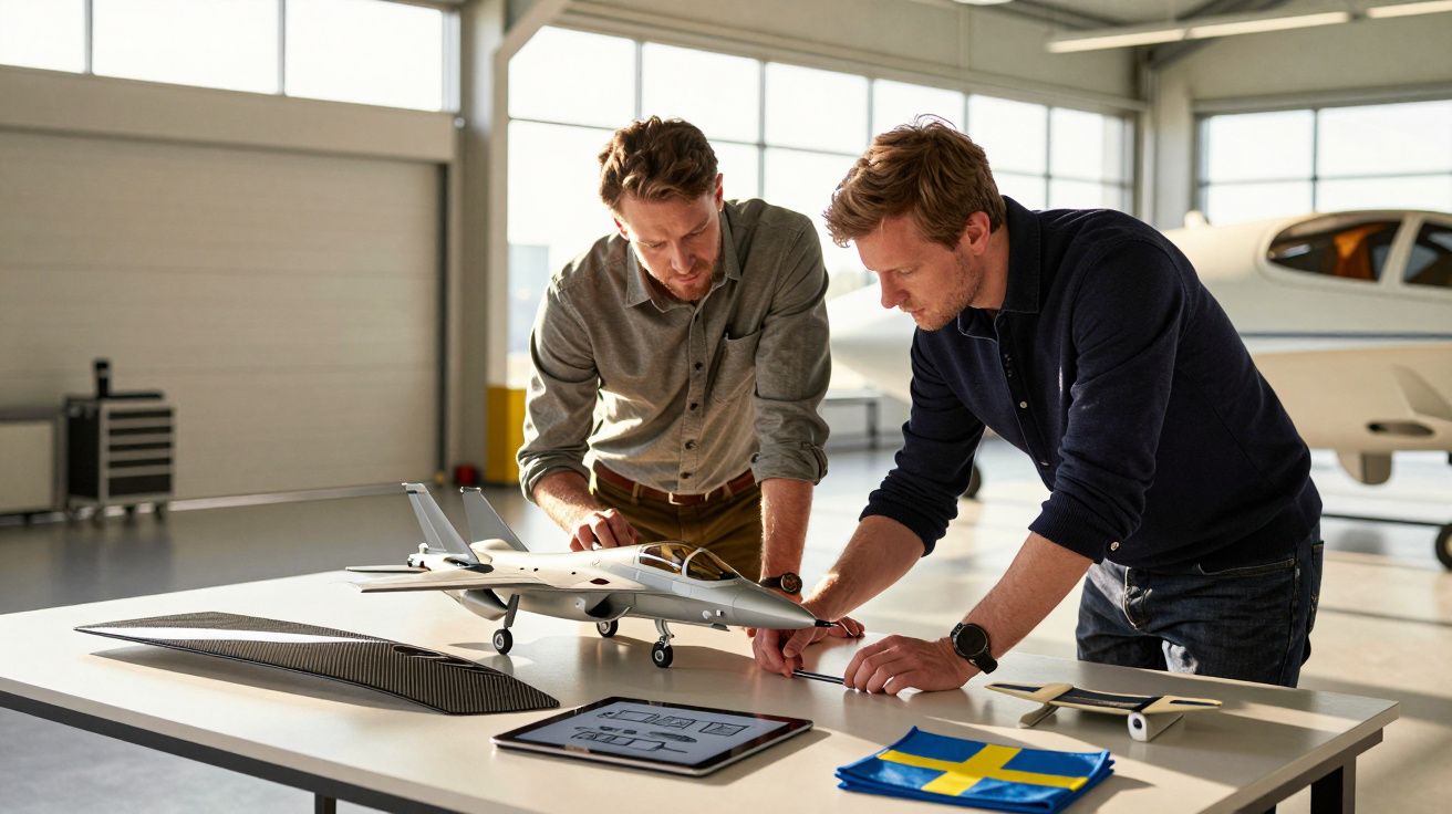 Doi bărbați analizează un model de avion pe o masă lângă o tabletă și un steag suedez într-un hangar luminos.