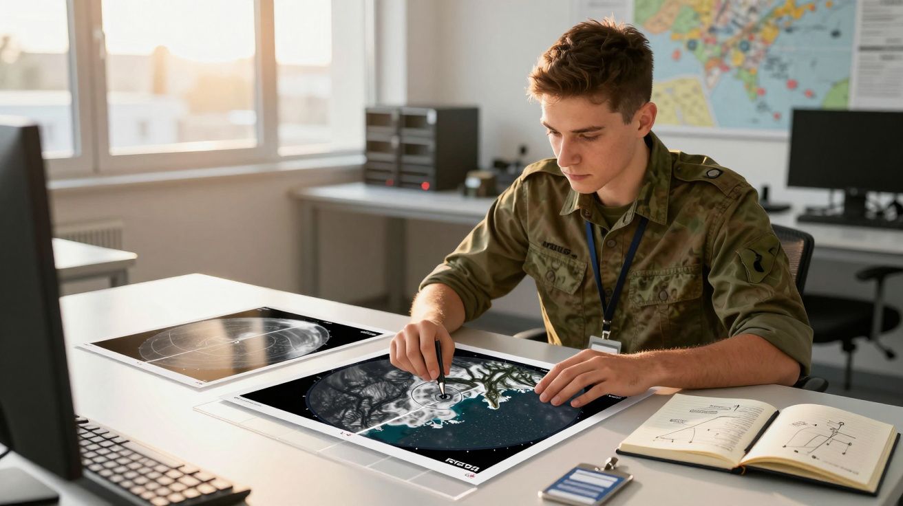 Tânăr în uniformă militară analizează hărți și documente la un birou luminos, cu hărți pe pereți.