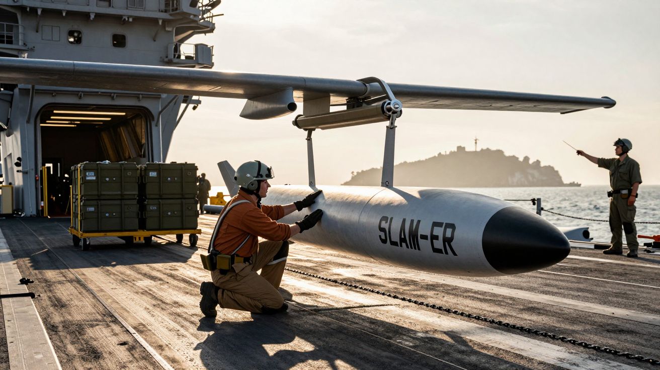 Persoane care pregătesc un rachet SLAM-ER pe un portavion, cu insulă în fundal la apus.